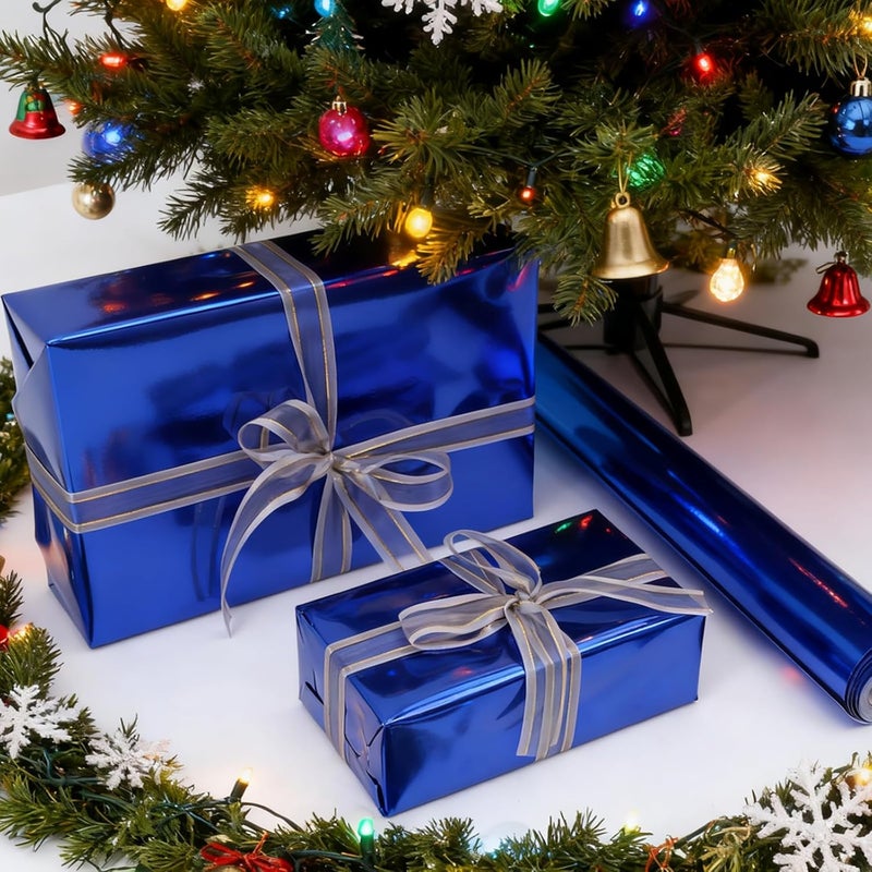 Donyang Blue Wrapping Paper, 17inch x 33ft Solid Color Metallic Lustre Paper, Blue Gift Wrapping Paper with Grid Cutting Lines Perfect for Birthday, Fathers Day, Gender Reveal Party, Christmas, Baby Shower - Image 2